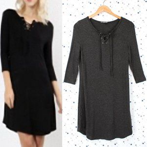 Lace Up 3/4 Sleeve T-shirt Dress Charcoal